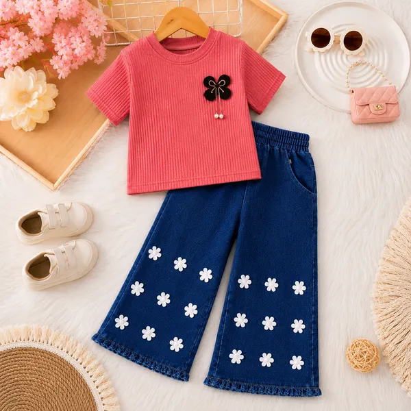 Pink_And_Blue_Ribbed_Cotton_Bow_Detail_Top_And_Wide_Leg_Pants_Set_For_Girls