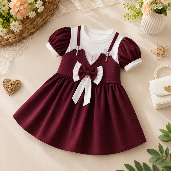 Burgundy_Ribbed_Cotton_Flared_Puff_Sleeve_Dress_For_Girls