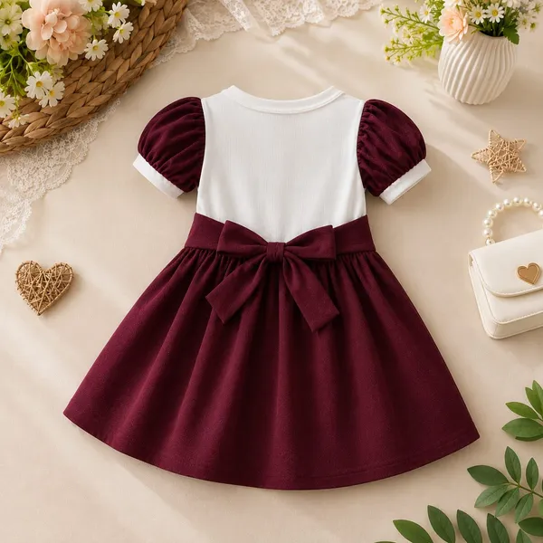 Burgundy_Ribbed_Cotton_Flared_Puff_Sleeve_Dress_For_Girls