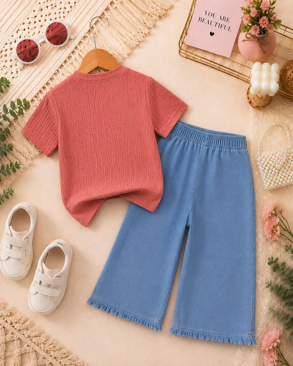 Pink_And_Blue_Ribbed_Cotton_Round_Neck_Top_And_Cropped_Pants_Set_For_Girls