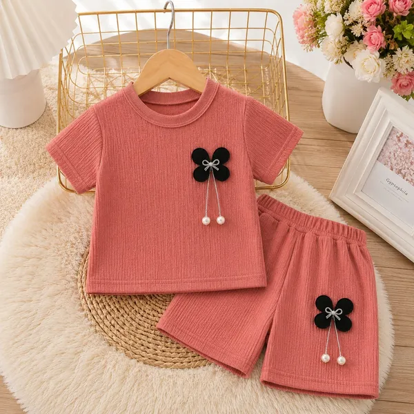 Pink_Ribbed_Cotton_Short_Sleeve_Top_And_Shorts_Set_For_Girls