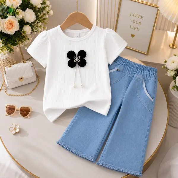 White_Textured_Top_And_Blue_Wide-Leg_Shorts_Set_for_Girls