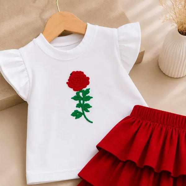 White_And_Red_Cotton_Blend_Flutter_Sleeve_Skirt_Set_For_Girls