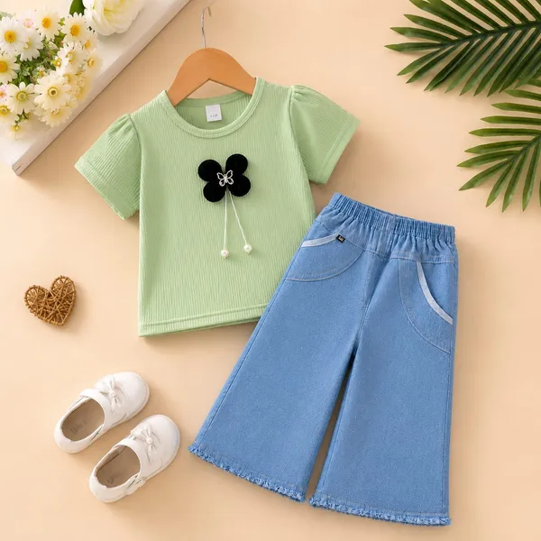Green_And_Blue_Ribbed_Cotton_Gathered_Shoulder_Top_And_Shorts_Set_For_Girls