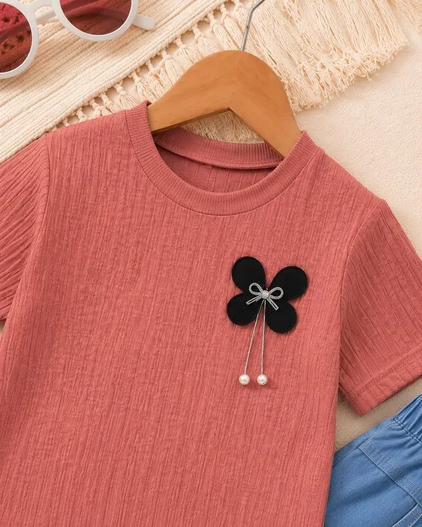 Pink_And_Blue_Ribbed_Cotton_Round_Neck_Top_And_Cropped_Pants_Set_For_Girls