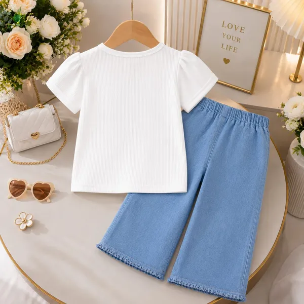 White_Textured_Top_And_Blue_Wide-Leg_Shorts_Set_for_Girls