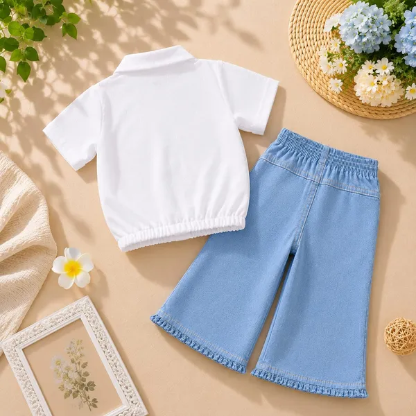 White_Floral_Embroidered_Cotton_Shirt_And_Blue_Denim_Shorts_Set_For_Girls