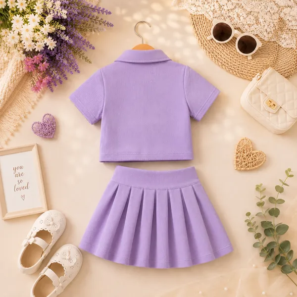 Lavender_Ribbed_Cotton_Collared_Shirt_And_Pleated_Skirt_Set_For_Girls