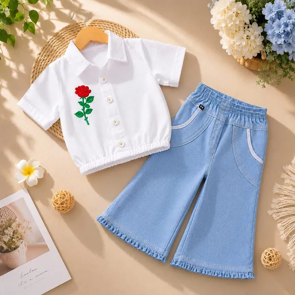 White_Floral_Embroidered_Cotton_Shirt_And_Blue_Denim_Shorts_Set_For_Girls