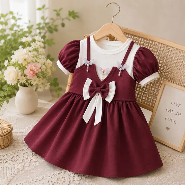 Burgundy_Ribbed_Cotton_Flared_Puff_Sleeve_Dress_For_Girls