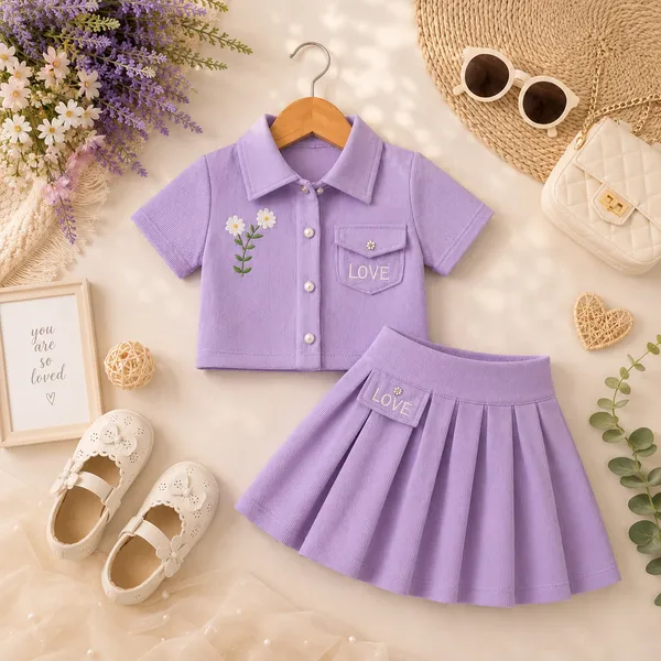 Lavender_Ribbed_Cotton_Collared_Shirt_And_Pleated_Skirt_Set_For_Girls