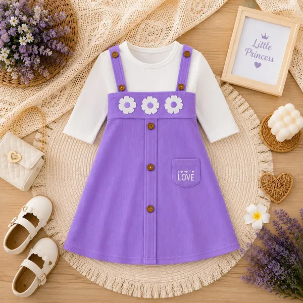 Purple_Ribbed_Cotton_Floral_Pinafore_Dress_Set_For_Girls