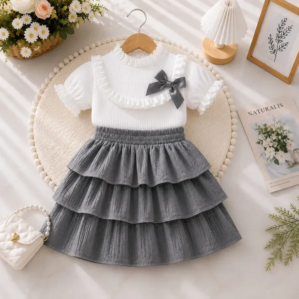 White_And_Grey_Ribbed_Cotton_Ruffled_Top_And_Tiered_Skirt_Set_For_Girls
