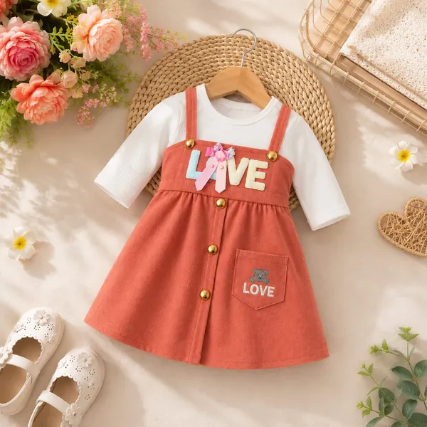 Peach_Ribbed_Cotton_Pinafore_Frock_Set_For_Girls