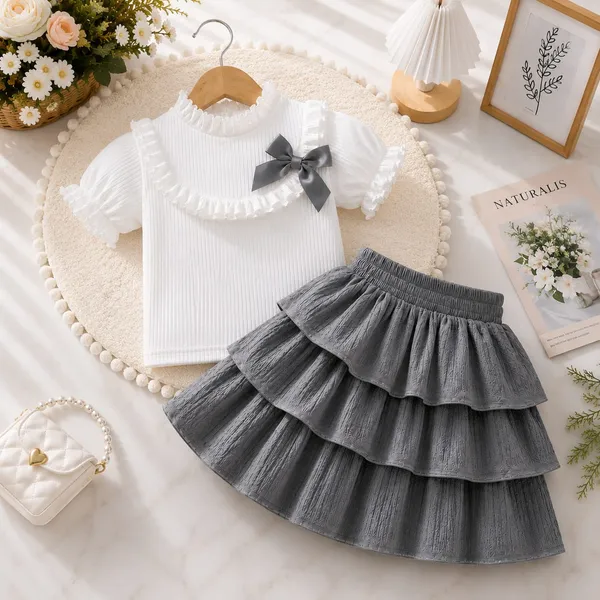 White_And_Grey_Ribbed_Cotton_Ruffled_Top_And_Tiered_Skirt_Set_For_Girls