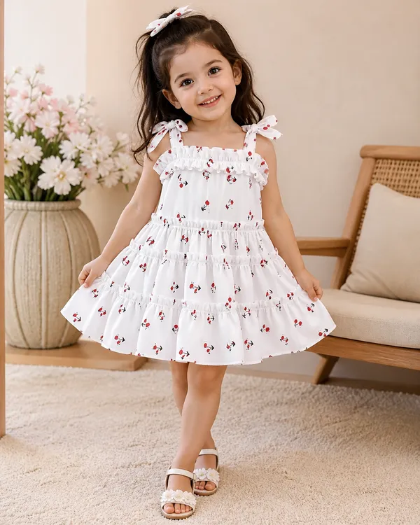 White_Cherry_Print_Ruffle_Dress_For_Girls