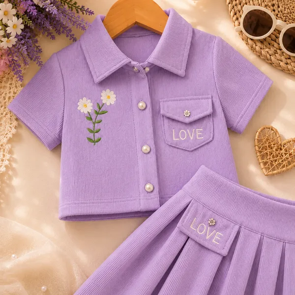 Lavender_Ribbed_Cotton_Collared_Shirt_And_Pleated_Skirt_Set_For_Girls