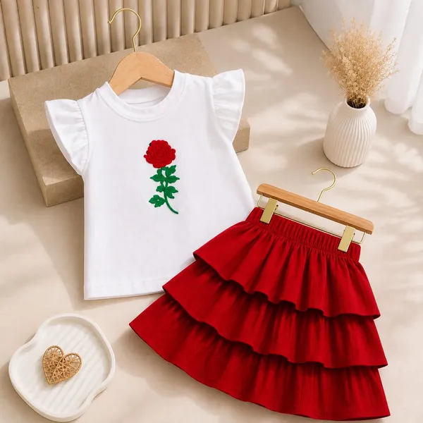 White_And_Red_Cotton_Blend_Flutter_Sleeve_Skirt_Set_For_Girls