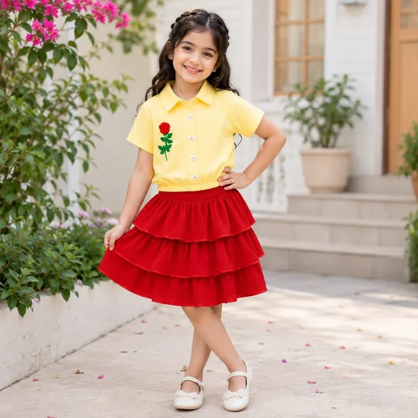 Yellow_Cotton_Blend_Collared_Embroidered_Top_And_Tiered_Skirt_Set_For_Girls