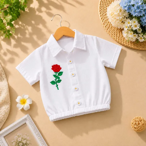 White_Floral_Embroidered_Cotton_Shirt_And_Blue_Denim_Shorts_Set_For_Girls