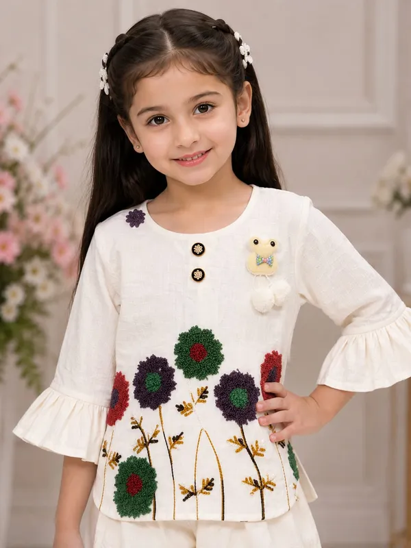 White_Cotton_Blend_Relaxed_Embroidered_Ethnic_Wear_Set_For_Girls