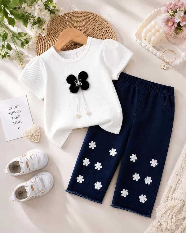 White_Ribbed_Top_And_Navy_Floral_Pants_Set_for_Girls
