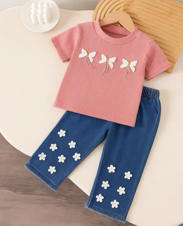 Pink_Ribbed_T-Shirt_And_Blue_Floral_Pants_Set_for_Girls