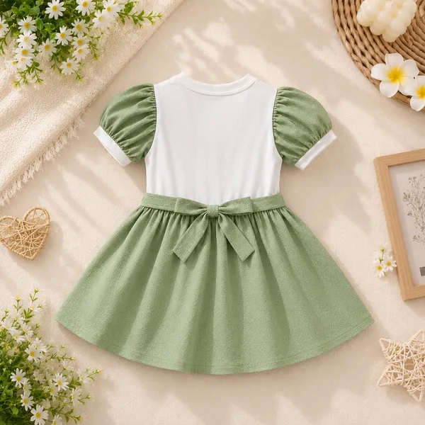 Green_And_White_Ribbed_Cotton_Puff_Sleeve_Bow_Detail_Dress_For_Girls