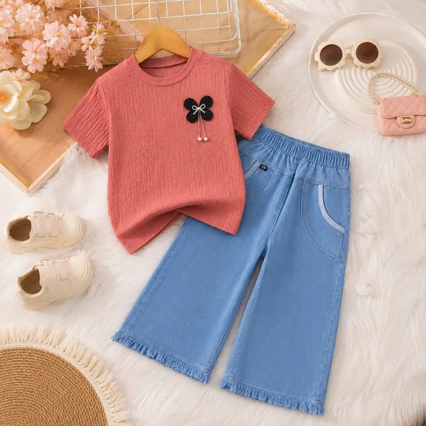 Pink_And_Blue_Ribbed_Cotton_Round_Neck_Top_And_Cropped_Pants_Set_For_Girls