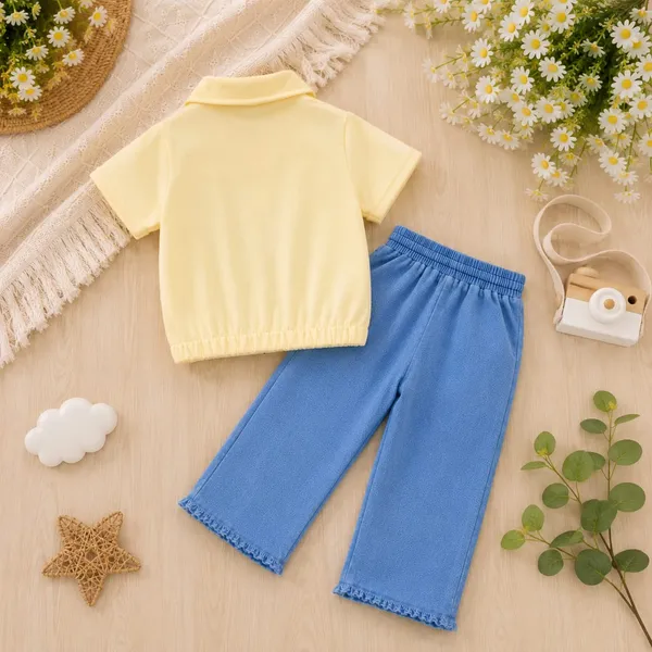 Yellow_Cotton_Blend_Collared_Floral_Applique_Shirt_And_Pants_Set_For_Girls