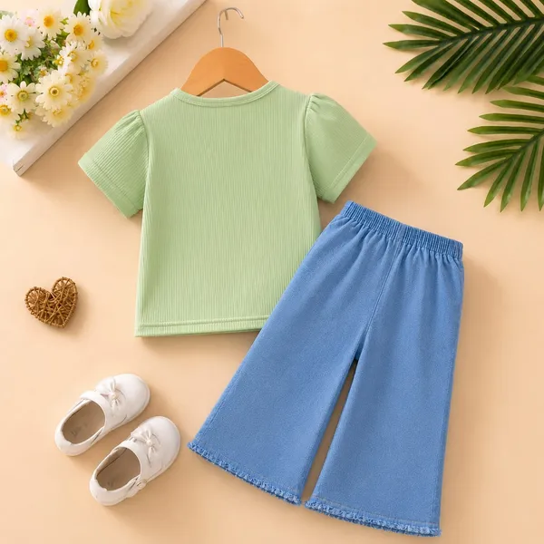 Green_And_Blue_Ribbed_Cotton_Gathered_Shoulder_Top_And_Shorts_Set_For_Girls