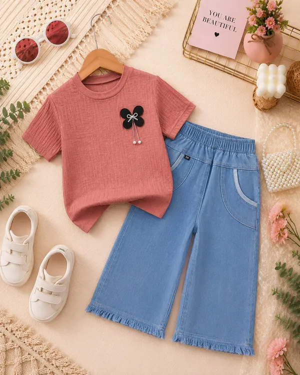 Pink_And_Blue_Ribbed_Cotton_Round_Neck_Top_And_Cropped_Pants_Set_For_Girls