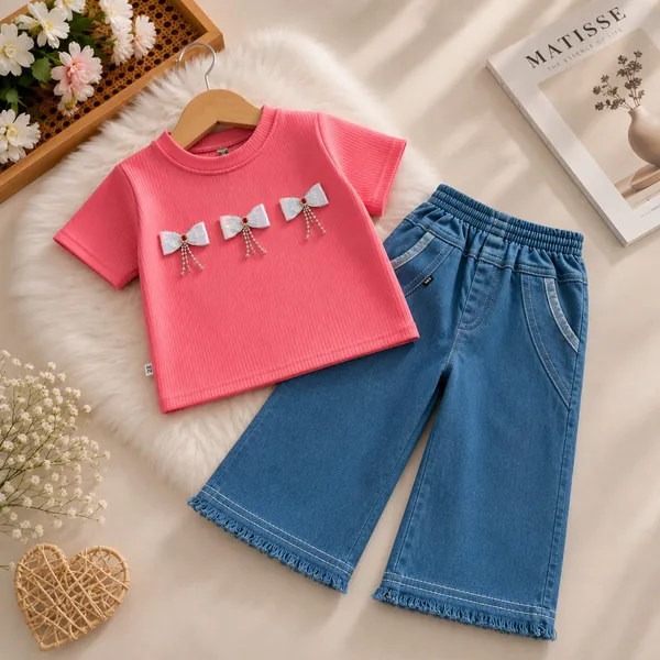 Pink_And_Blue_Ribbed_Cotton_Bow_Detail_Top_And_Culotte_Set_For_Girls