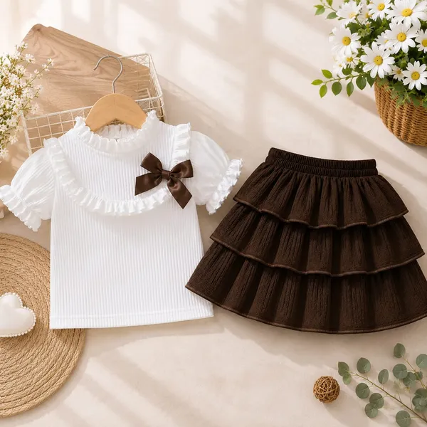 White_And_Brown_Ribbed_Cotton_Ruffle_Sleeve_Tiered_Dress_For_Girls