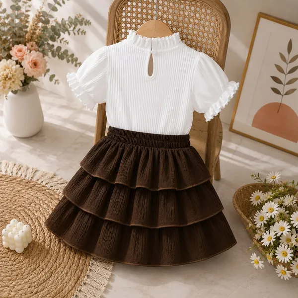 White_And_Brown_Ribbed_Cotton_Ruffle_Sleeve_Tiered_Dress_For_Girls