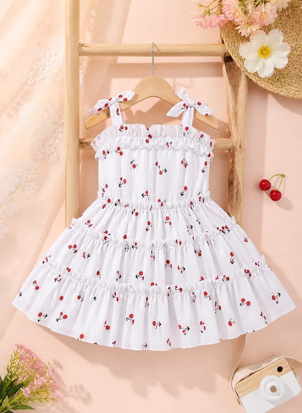 White_Cherry_Print_Ruffle_Dress_For_Girls