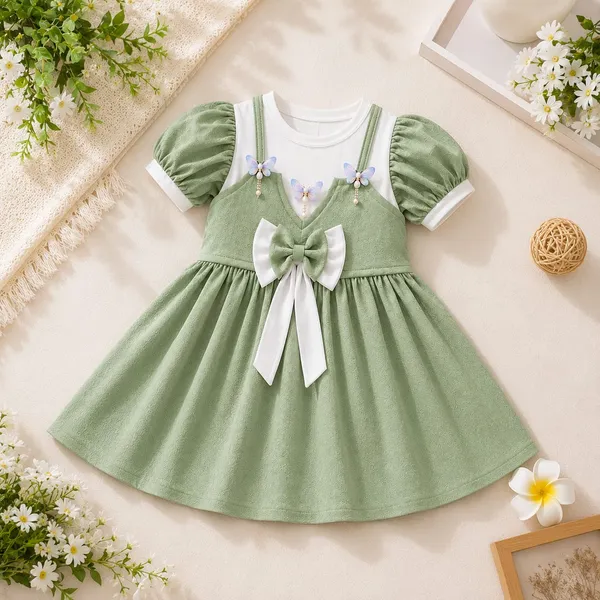 Green_And_White_Ribbed_Cotton_Puff_Sleeve_Bow_Detail_Dress_For_Girls