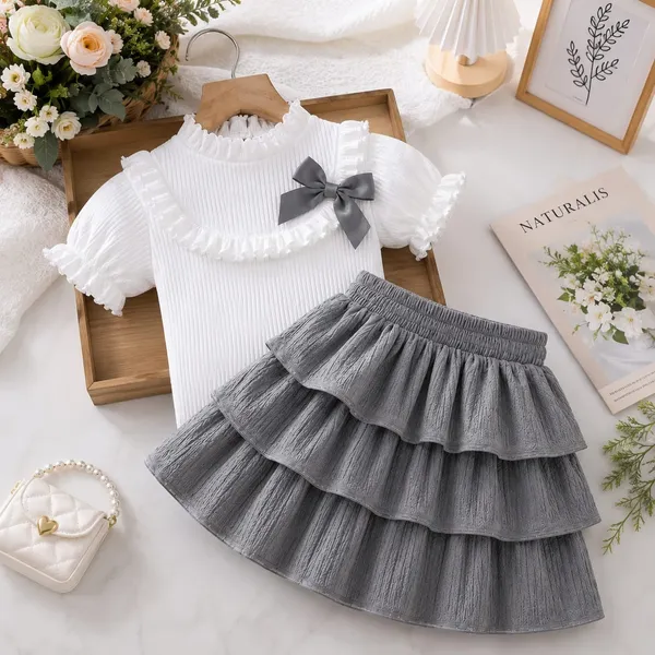 White_And_Grey_Ribbed_Cotton_Ruffled_Top_And_Tiered_Skirt_Set_For_Girls