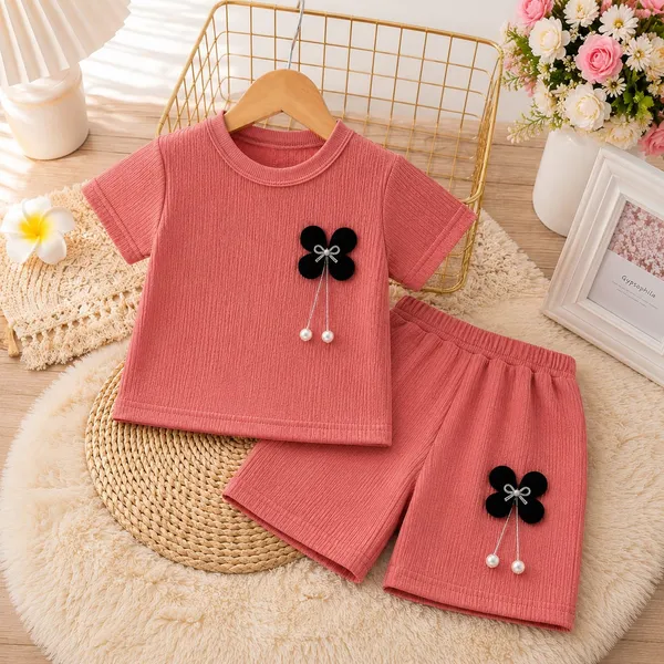 Pink_Ribbed_Cotton_Short_Sleeve_Top_And_Shorts_Set_For_Girls