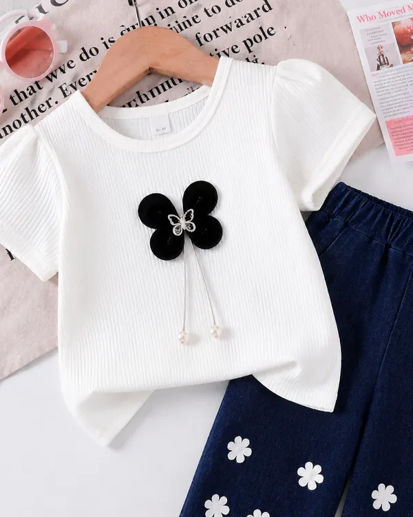 White_Ribbed_Top_And_Navy_Floral_Pants_Set_for_Girls