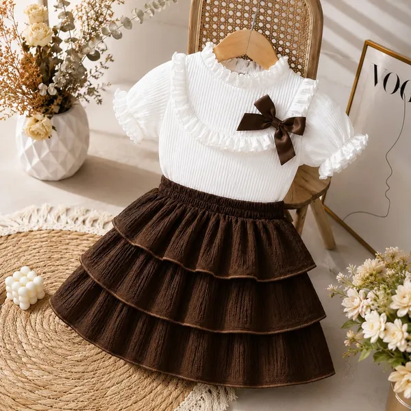 White_And_Brown_Ribbed_Cotton_Ruffle_Sleeve_Tiered_Dress_For_Girls