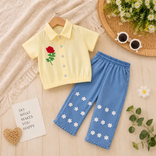 Yellow_Cotton_Blend_Collared_Floral_Applique_Shirt_And_Pants_Set_For_Girls