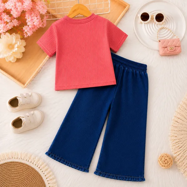 Pink_And_Blue_Ribbed_Cotton_Bow_Detail_Top_And_Wide_Leg_Pants_Set_For_Girls