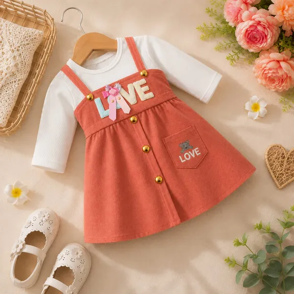 Peach_Ribbed_Cotton_Pinafore_Frock_Set_For_Girls