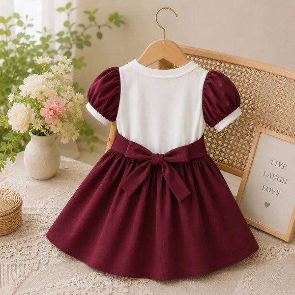 Burgundy_Ribbed_Cotton_Flared_Puff_Sleeve_Dress_For_Girls
