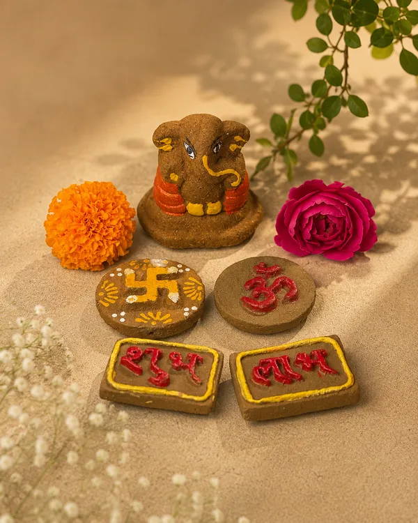 Daily_Puja_Starter_1:_Gomay_Ganesh_Ji_2.5''_+_Stickers_Swastik_+_Sticker_Om_+_Sticker_Shubh_Labh