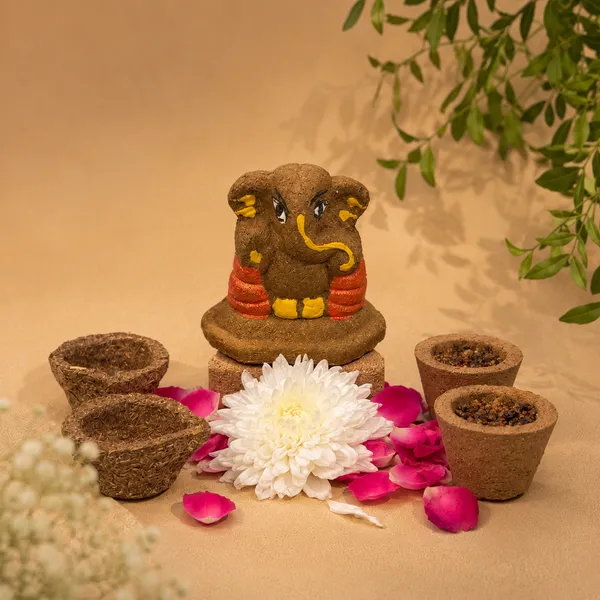 Daily_Puja_Starter_2:_Gomay_Ganesh_Ji_2.5"_+_Samrani_Hawan_Cups_-Set_Of_12_+_Cowdung_Diya_-A_Set_Of_12