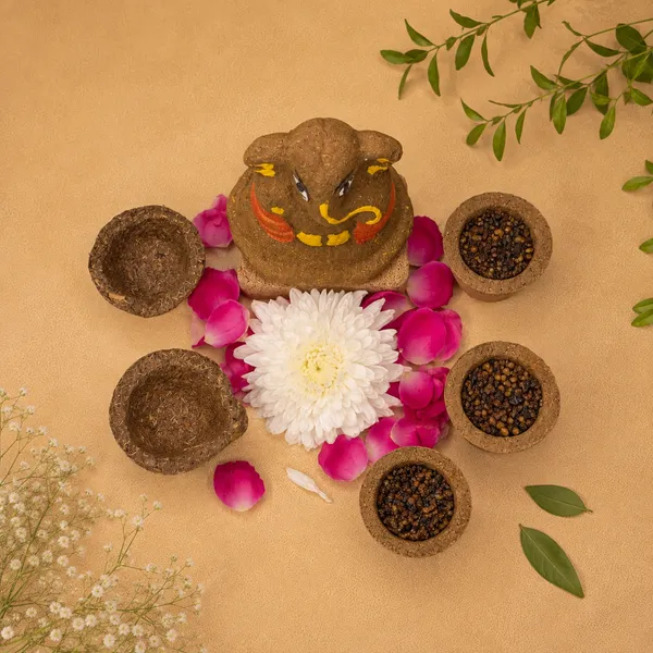 Daily_Puja_Starter_2:_Gomay_Ganesh_Ji_2.5"_+_Samrani_Hawan_Cups_-Set_Of_12_+_Cowdung_Diya_-A_Set_Of_12