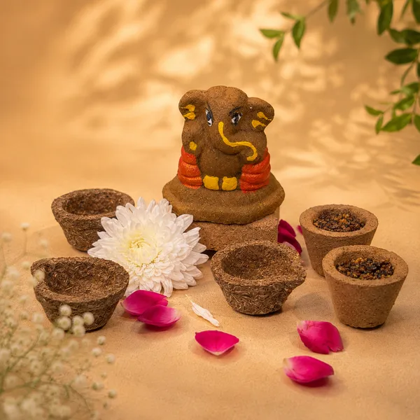 Daily_Puja_Starter_2:_Gomay_Ganesh_Ji_2.5"_+_Samrani_Hawan_Cups_-Set_Of_12_+_Cowdung_Diya_-A_Set_Of_12