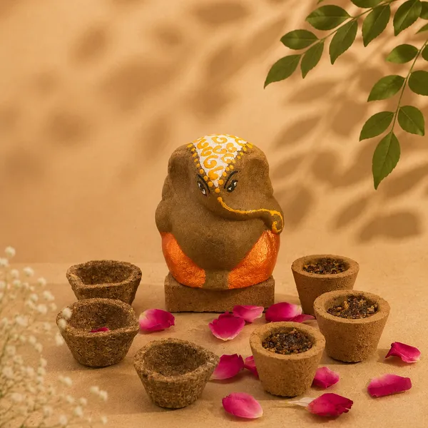 Shubh_Shuruaat_Combo_2_:_Gomay_Ganesh_Ji_4"_+_Samrani_Hawan_Cups_-Set_Of_12_+_Design_Deepak_-_Set_Of_6